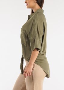 Short Sleeve Tie Front Button Up Tunic Shirt Olive sold by Moda