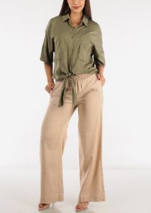 Short Sleeve Tie Front Button Up Tunic Shirt Olive sold by Moda