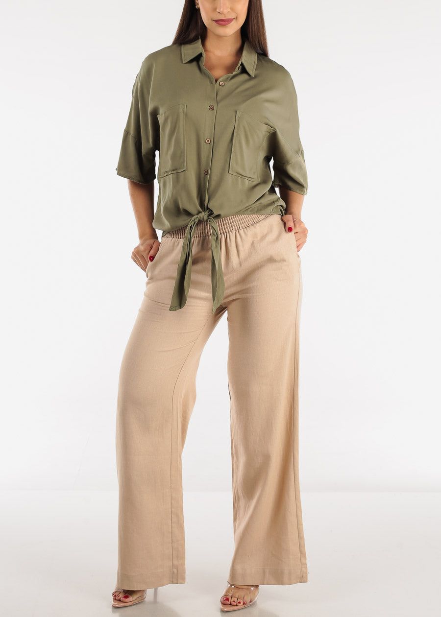 Short Sleeve Tie Front Button Up Tunic Shirt Olive sold by Moda product image thumbnail 2