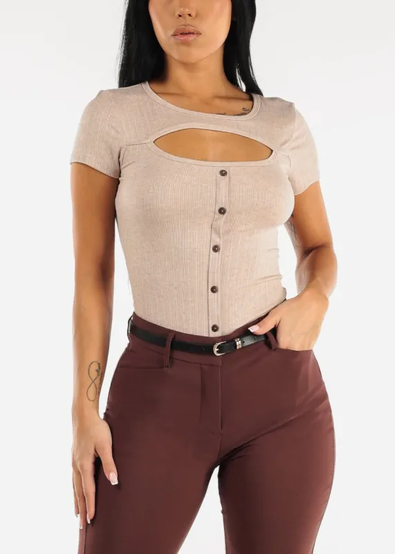Short Sleeve Bust Cut Out Top Mocha sold by Moda