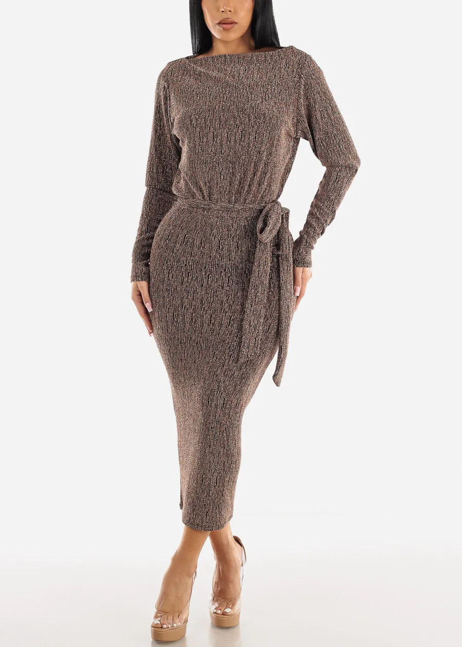Metallic Stretchy Long Sleeve Midi Dress w Belt sold by Moda