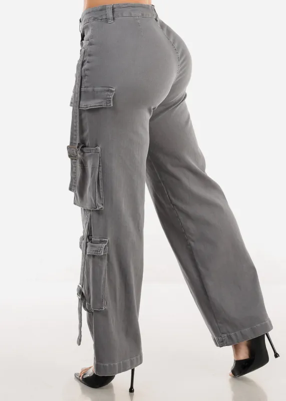 Butt Lifting Straight Wide Leg Stretchy Cargo Jeans Grey sold by Moda
