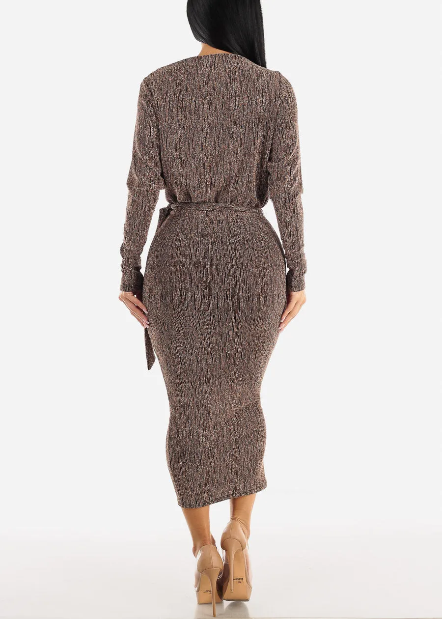 Metallic Stretchy Long Sleeve Midi Dress w Belt sold by Moda product image thumbnail 3