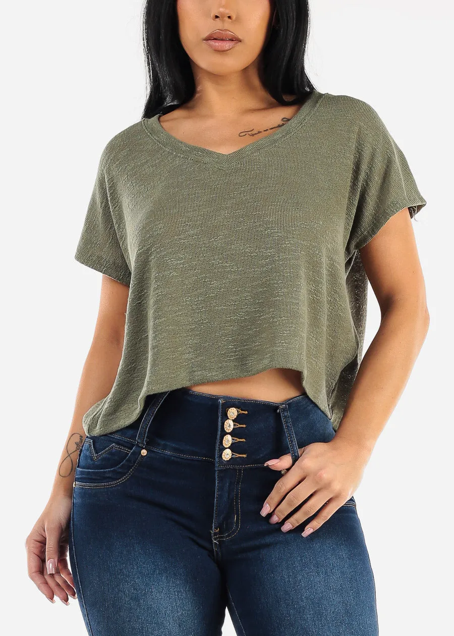 Vneck Short Sleeve Knit Crop Top Olive sold by Moda