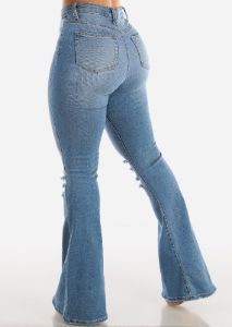 High Waist Distressed Flared Jeans Light Wash sold by Moda