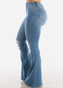 High Waist Distressed Flared Jeans Light Wash sold by Moda