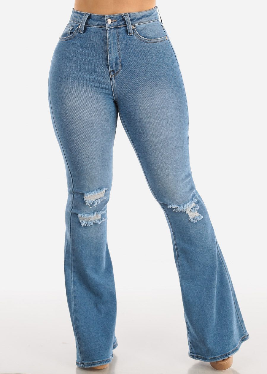 High Waist Distressed Flared Jeans Light Wash sold by Moda