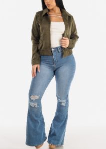 High Waist Distressed Flared Jeans Light Wash sold by Moda