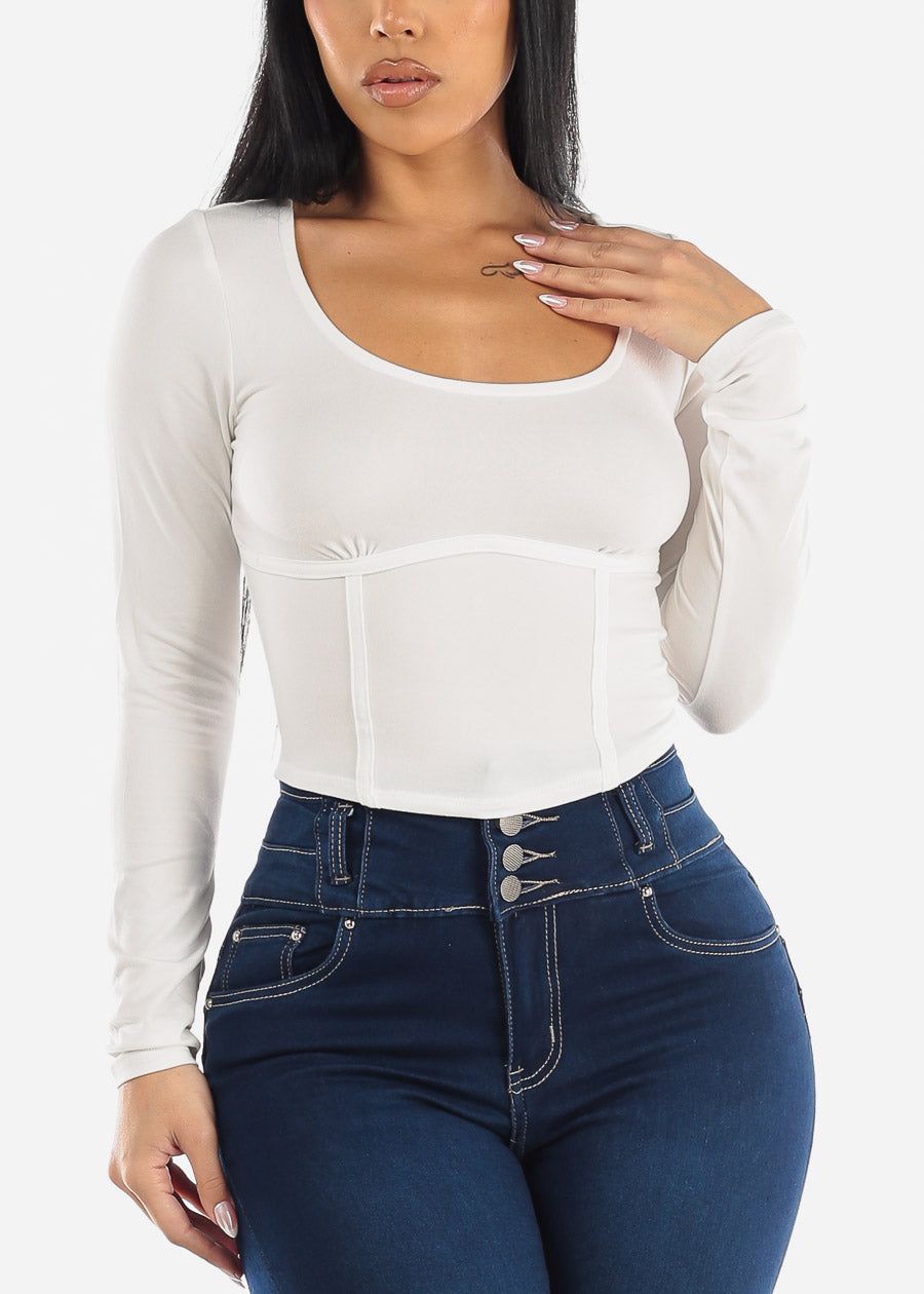 White Long Sleeve Corset Style Crop Top sold by Moda