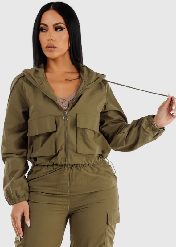 Long Sleeve Lightweight Zip Up Jacket Olive w Front Pockets sold by Moda