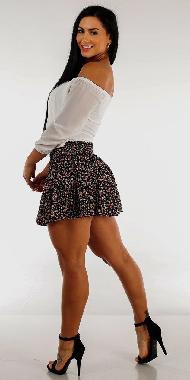 Black Floral Ruffled Mini Skirt with White Off Shoulder Surplice Blouse sold by Moda product image thumbnail 2