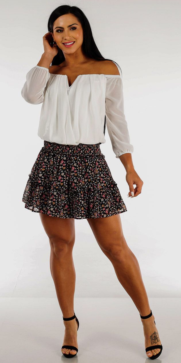 Black Floral Ruffled Mini Skirt with White Off Shoulder Surplice Blouse sold by Moda