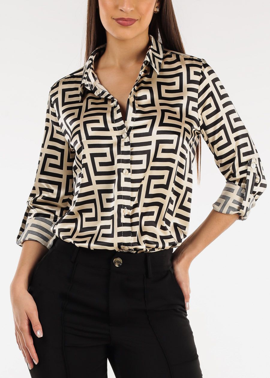 Printed Long Sleeve Button Down Satin Blouse sold by Moda