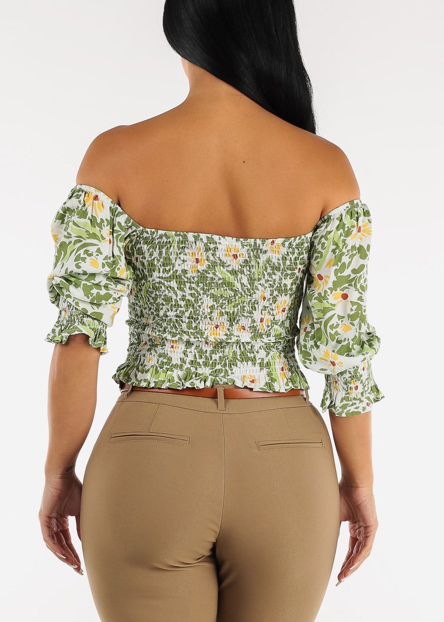 Smocked Off Shoulder Floral Top Green sold by Moda product image thumbnail 4