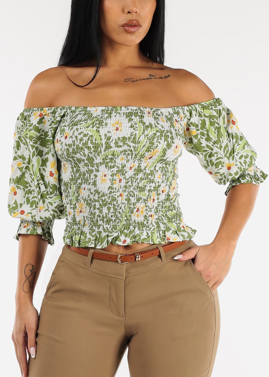 Smocked Off Shoulder Floral Top Green sold by Moda