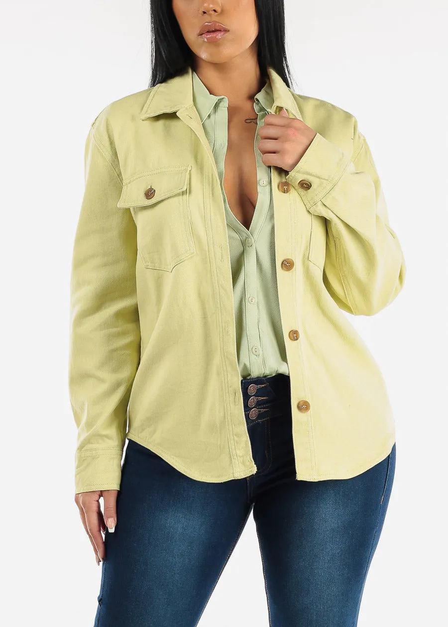 Cotton Long Sleeve Lime Denim Shacket sold by Moda