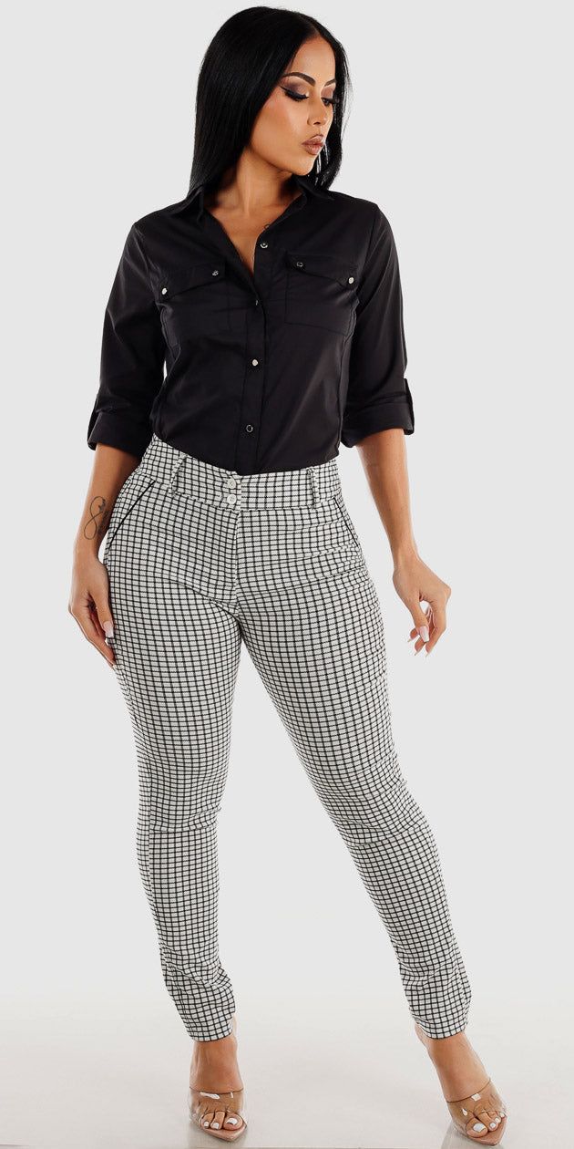 White High Rise Checkered Skinny Pants with Black Quarter Sleeve Button Up Shirt sold by Moda