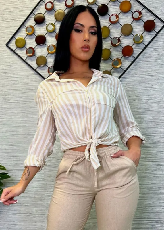 Tie Front Button Down Striped Shirt Khaki sold by Moda