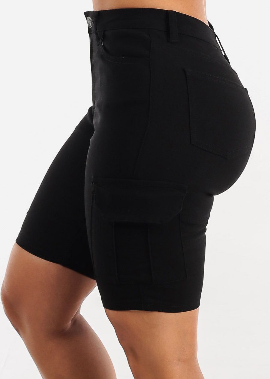 Black High Waist Hyper Stretch Cargo Bermuda Shorts sold by Moda product image thumbnail 3