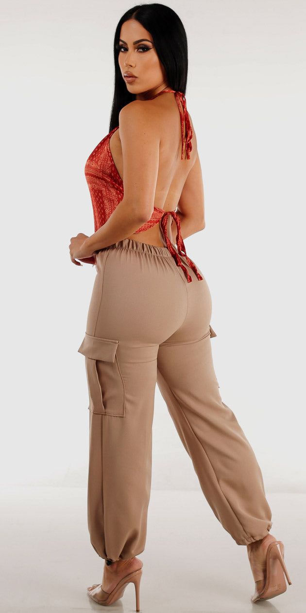 High Waisted Beige Cargo Pants with Satin Halter Bandana Crop Top sold by Moda product image thumbnail 2