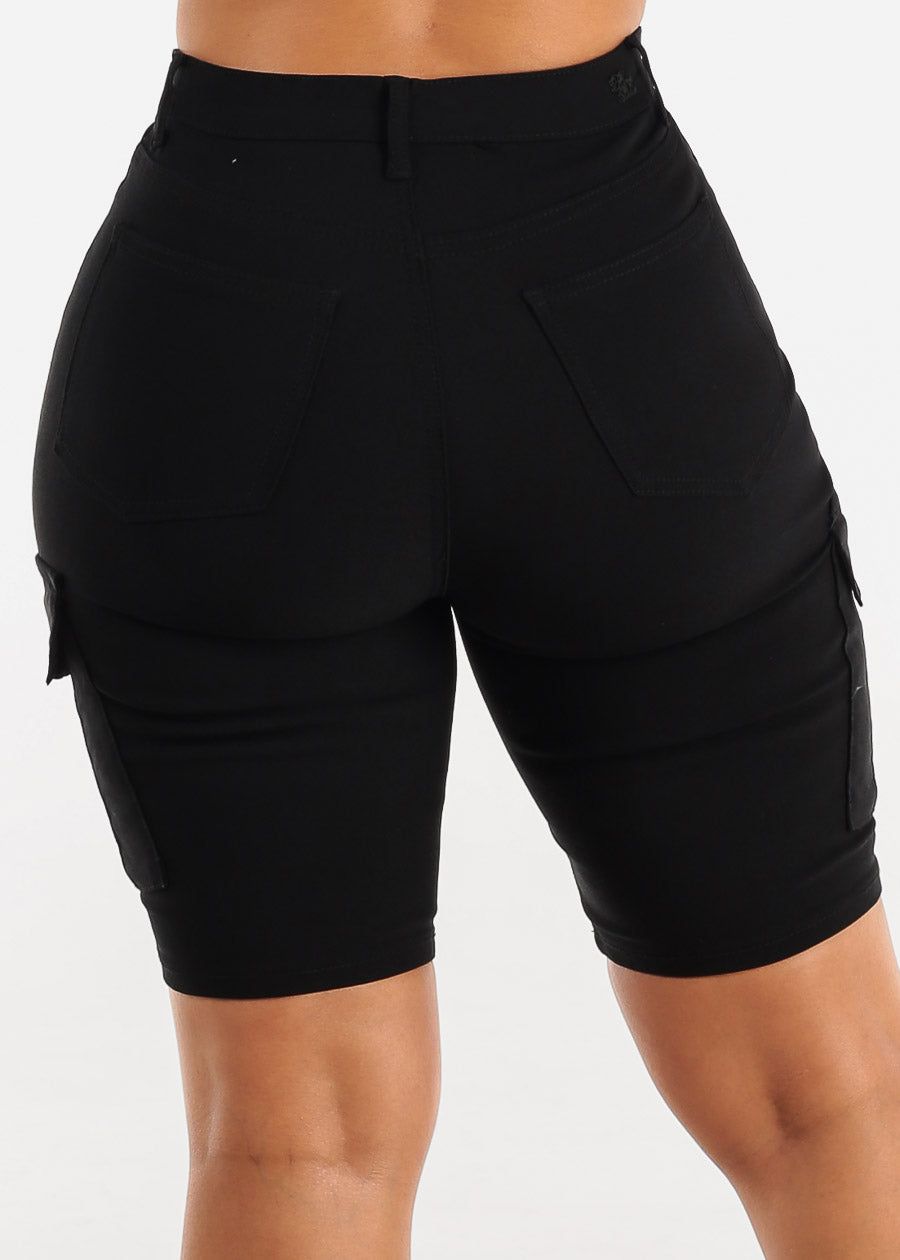 Black High Waist Hyper Stretch Cargo Bermuda Shorts sold by Moda product image thumbnail 4