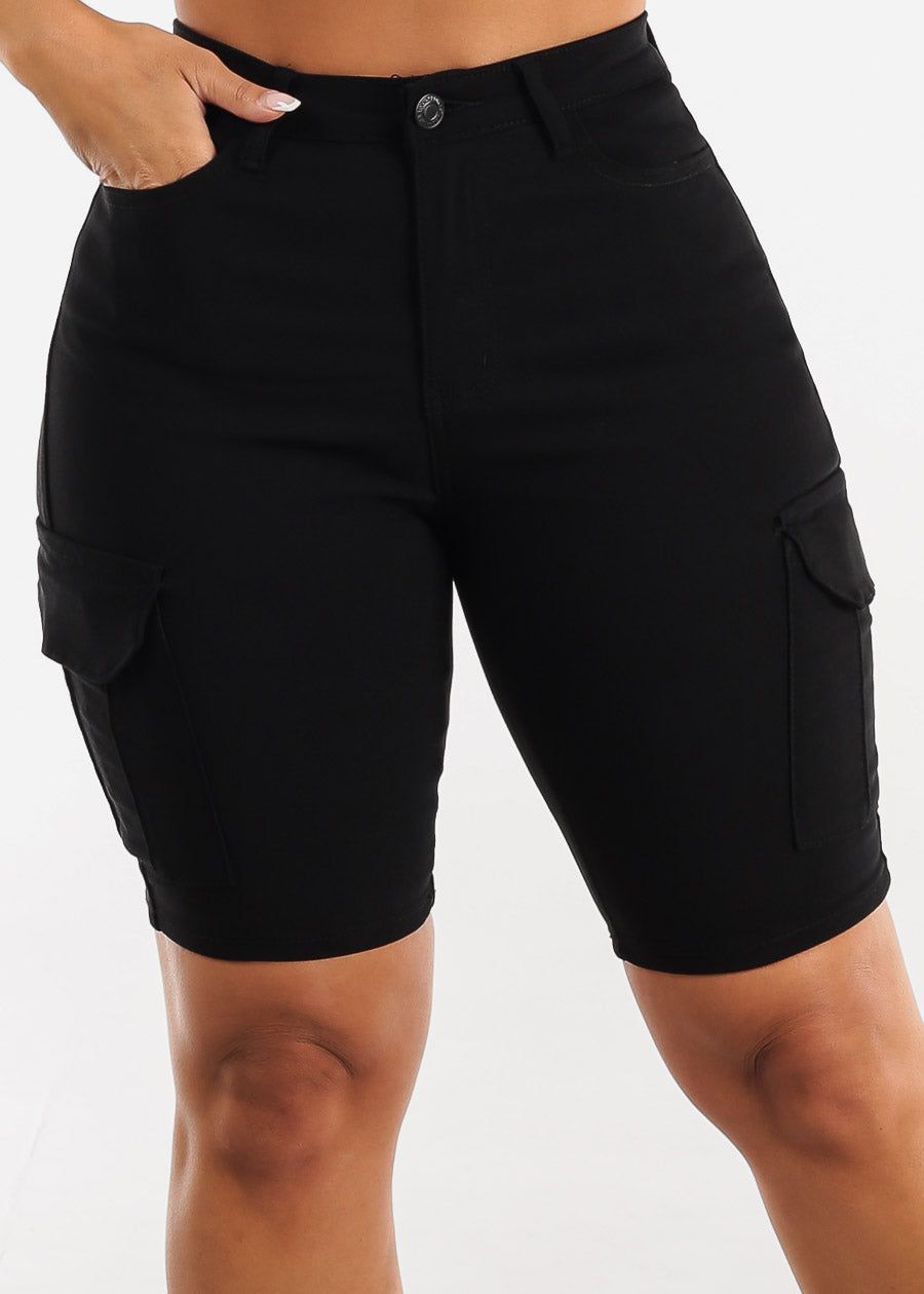 Black High Waist Hyper Stretch Cargo Bermuda Shorts sold by Moda