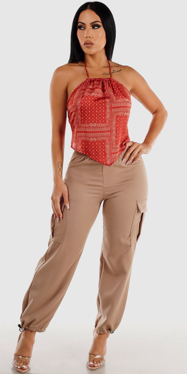 High Waisted Beige Cargo Pants with Satin Halter Bandana Crop Top sold by Moda