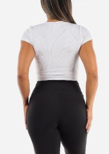 Basic V Neck Ribbed Crop Top White sold by Moda