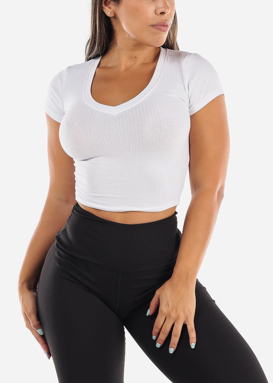 Basic V Neck Ribbed Crop Top White sold by Moda