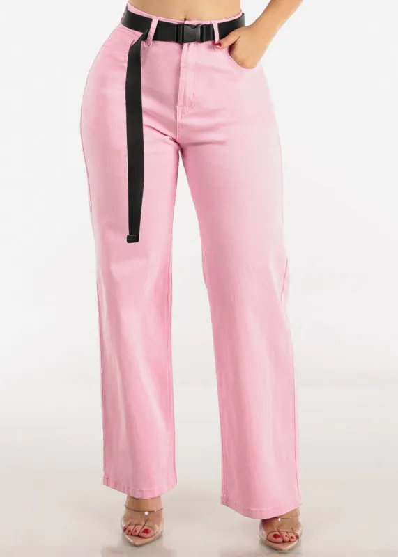 High Waist Straight Wide Leg Pink Pants w Belt sold by Moda
