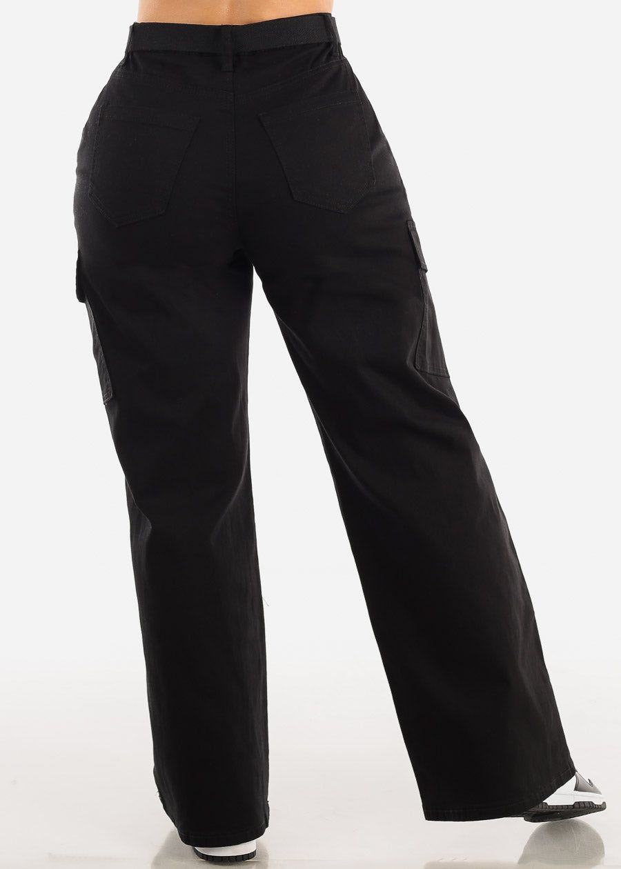 Black High Waist Straight Wide Leg Cargo Pants with Belt sold by Moda product image thumbnail 4