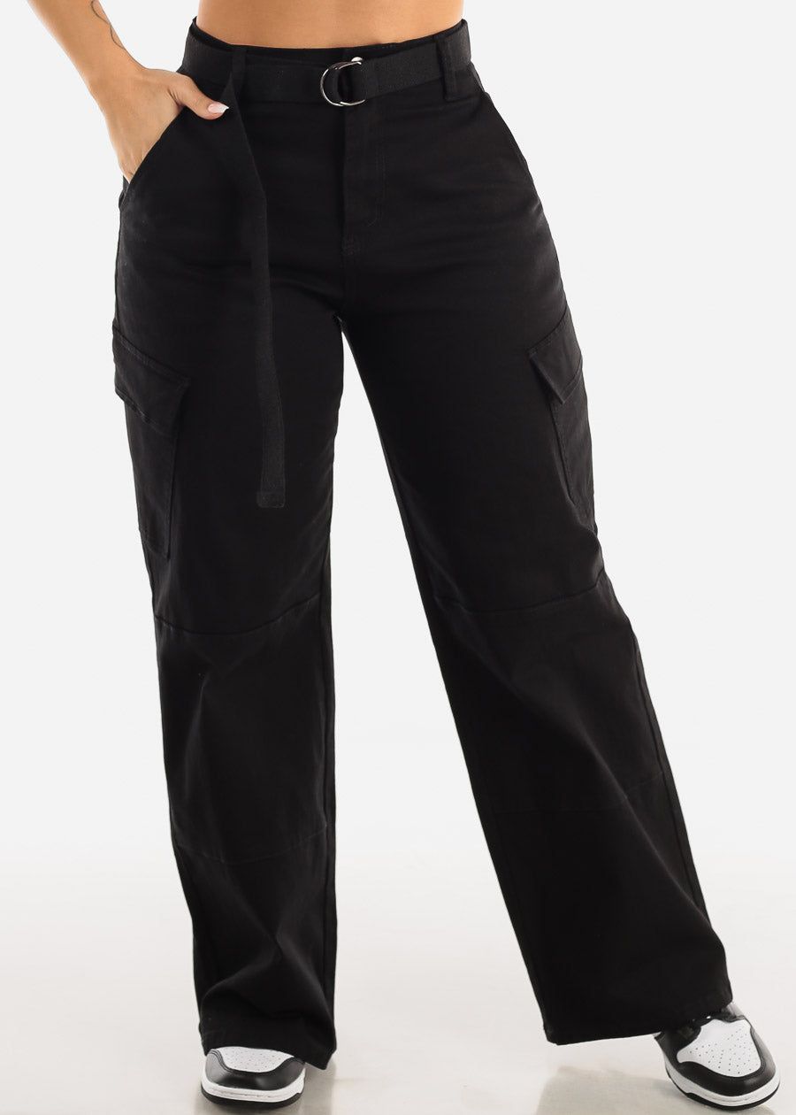 Black High Waist Straight Wide Leg Cargo Pants with Belt sold by Moda