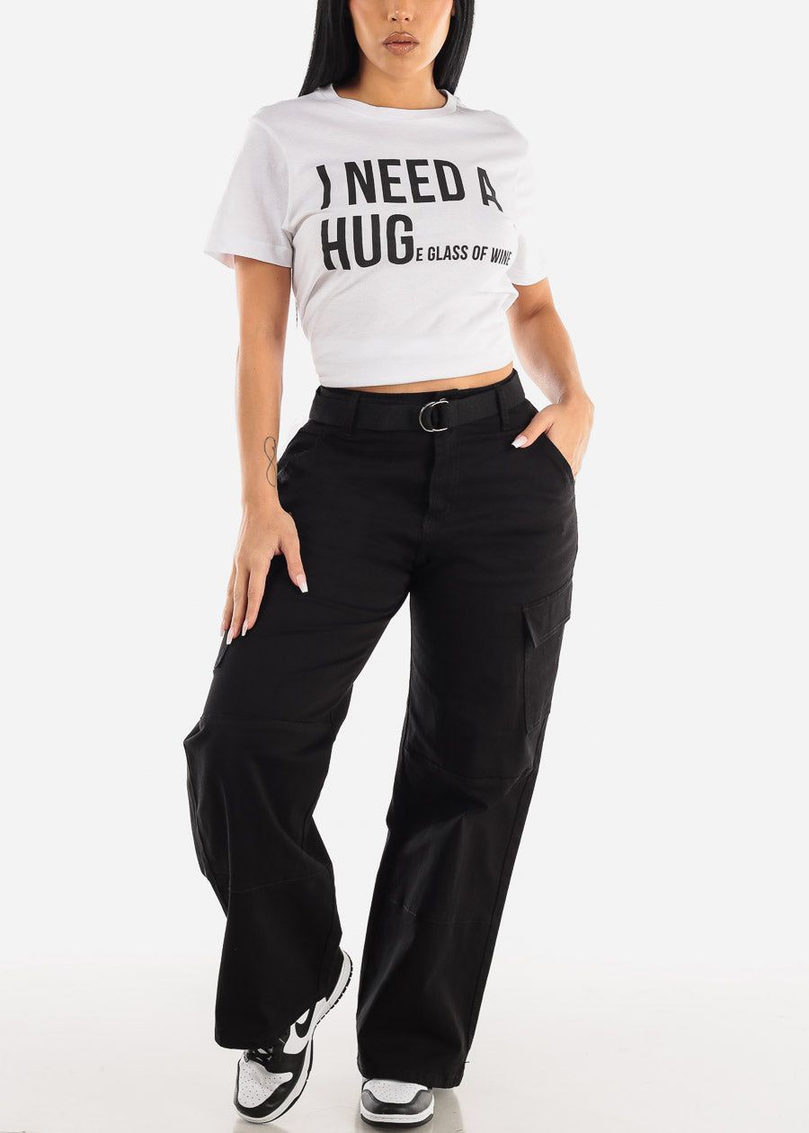 Black High Waist Straight Wide Leg Cargo Pants with Belt sold by Moda product image thumbnail 5