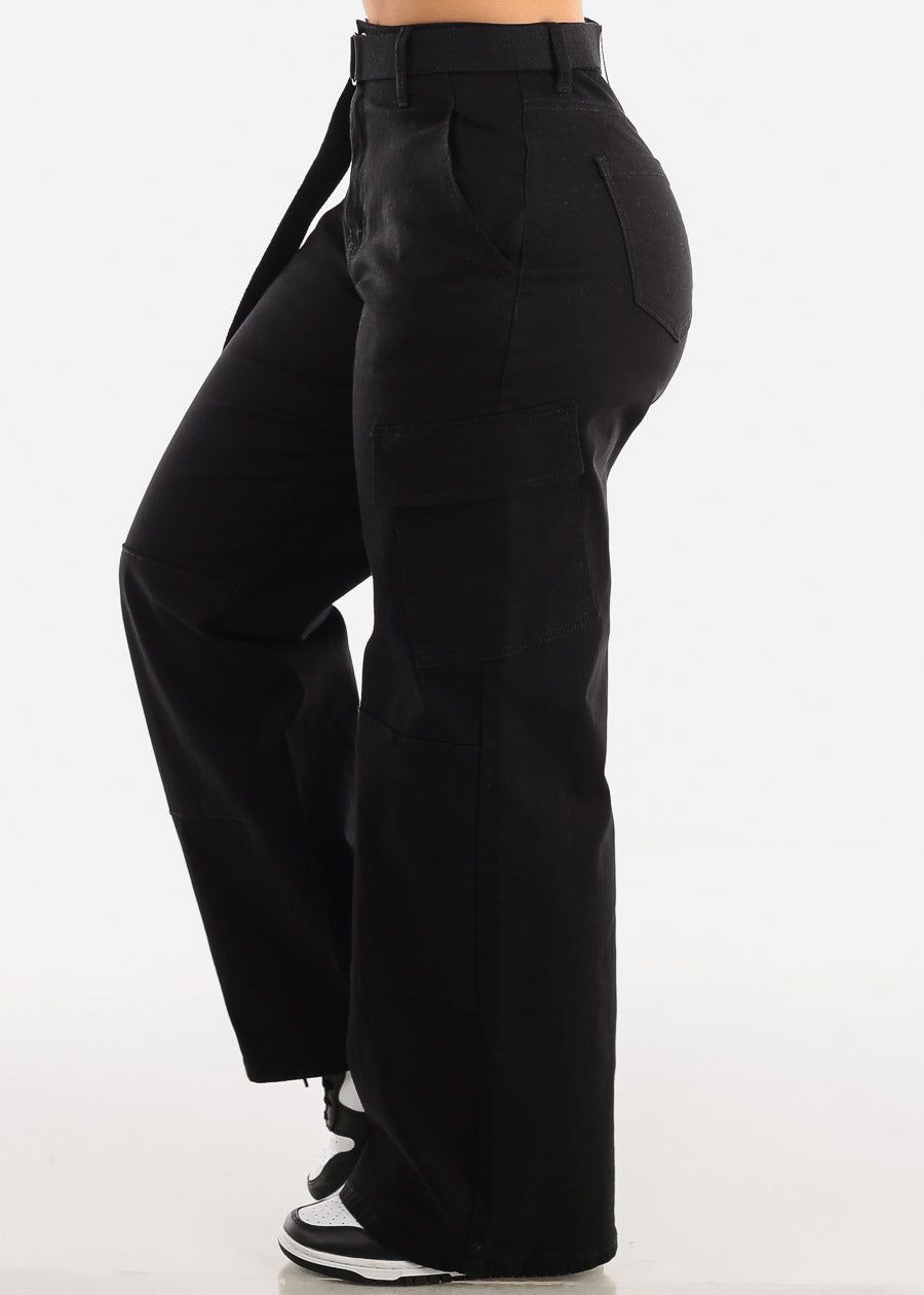 Black High Waist Straight Wide Leg Cargo Pants with Belt sold by Moda product image thumbnail 3