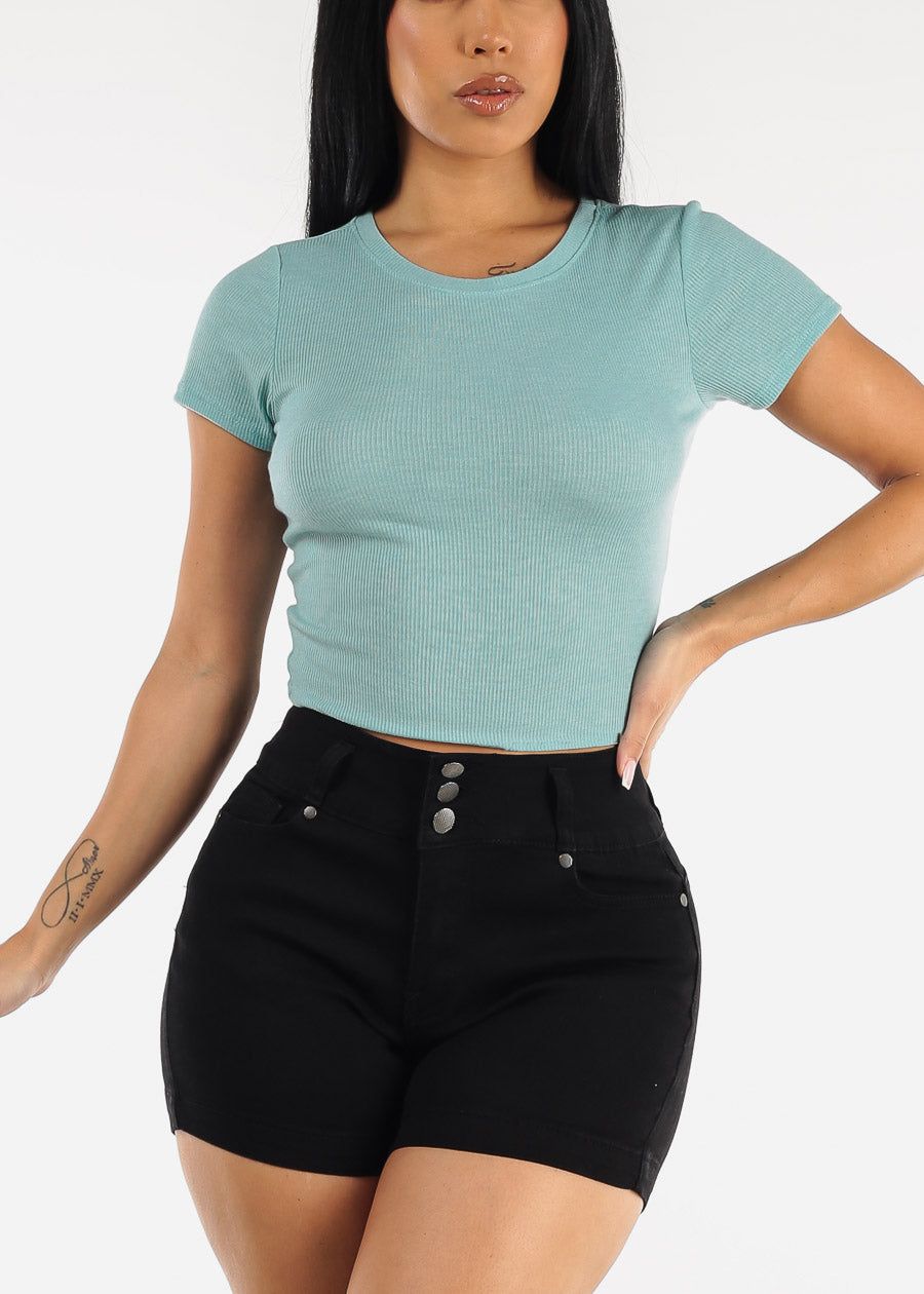 Short Sleeve Basic Crewneck Crop Top Aqua sold by Moda