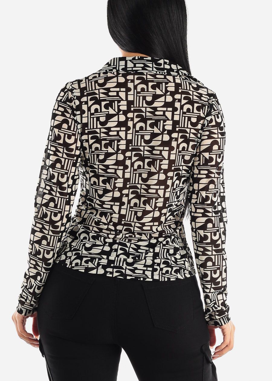 Black Printed Long Sleeve Button Up Mesh Collared Blouse sold by Moda product image thumbnail 4