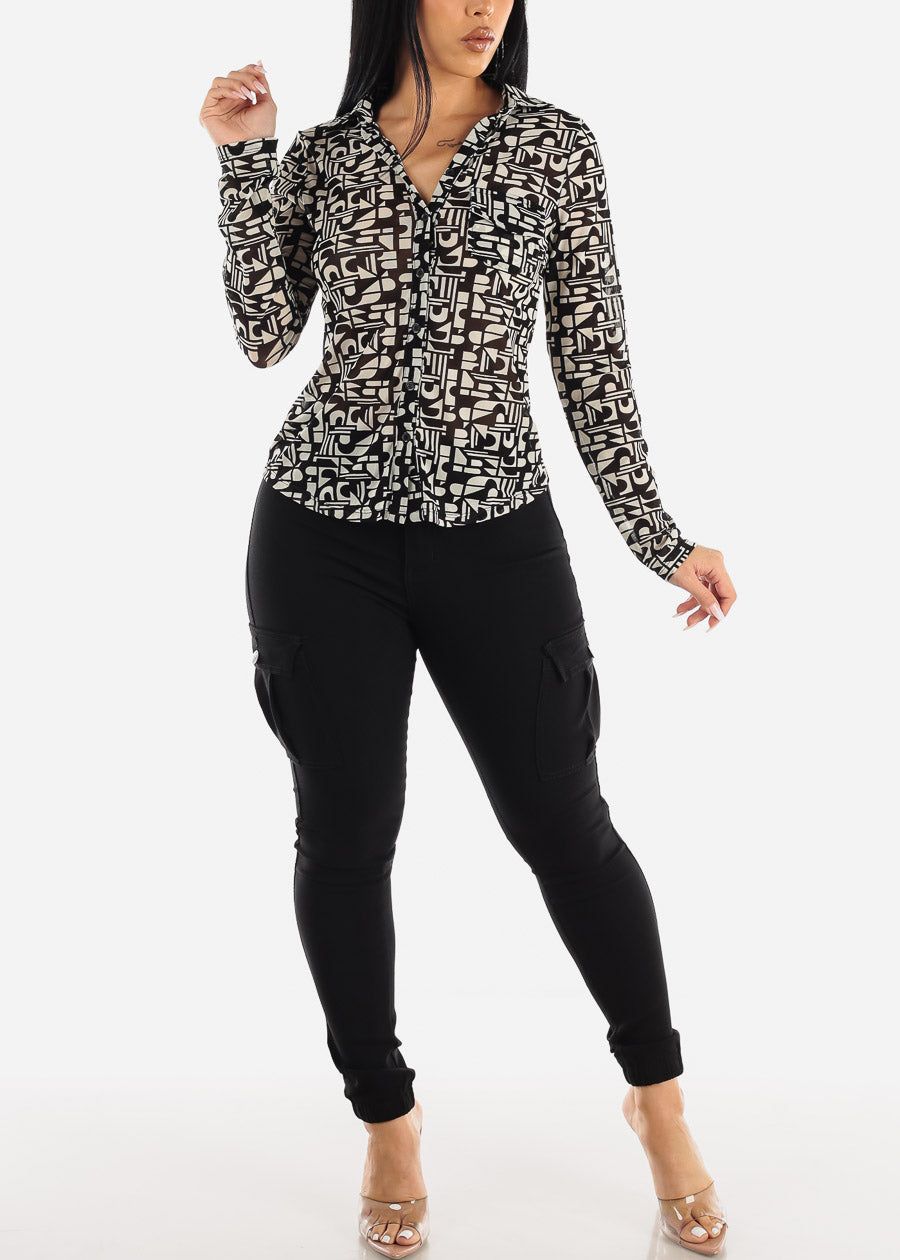 Black Printed Long Sleeve Button Up Mesh Collared Blouse sold by Moda product image thumbnail 2