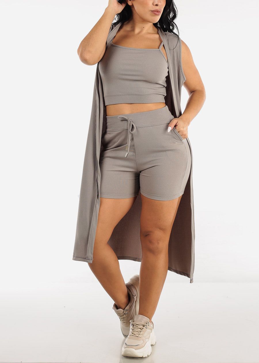 Grey Sleeveless Cardigan, Cropped Tank Top & Shorts (3 PCE SET) sold by Moda