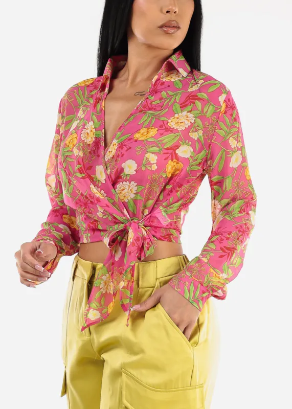 Long Sleeve Surplice Floral Blouse Fuchsia sold by Moda