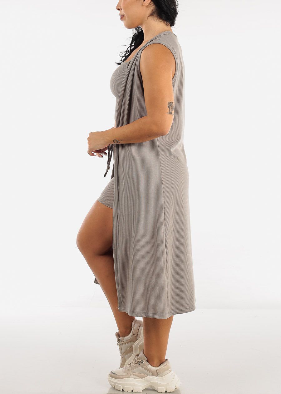 Grey Sleeveless Cardigan, Cropped Tank Top & Shorts (3 PCE SET) sold by Moda product image thumbnail 3