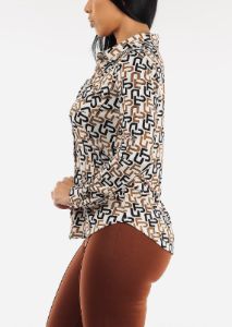 Long Sleeve Button Down Printed Blouse White sold by Moda