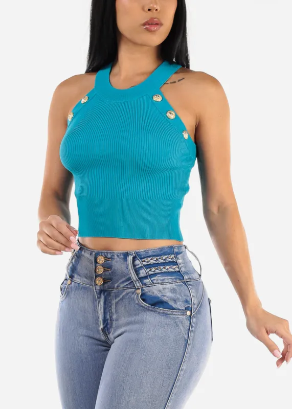 Halter Neck Ribbed Top Turquoise w Gold Buttons sold by Moda
