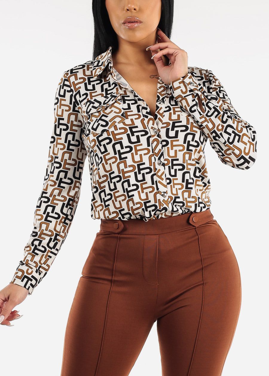Long Sleeve Button Down Printed Blouse White sold by Moda
