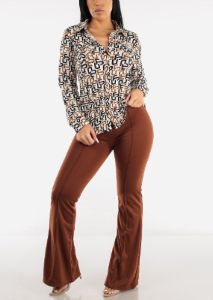 Long Sleeve Button Down Printed Blouse White sold by Moda