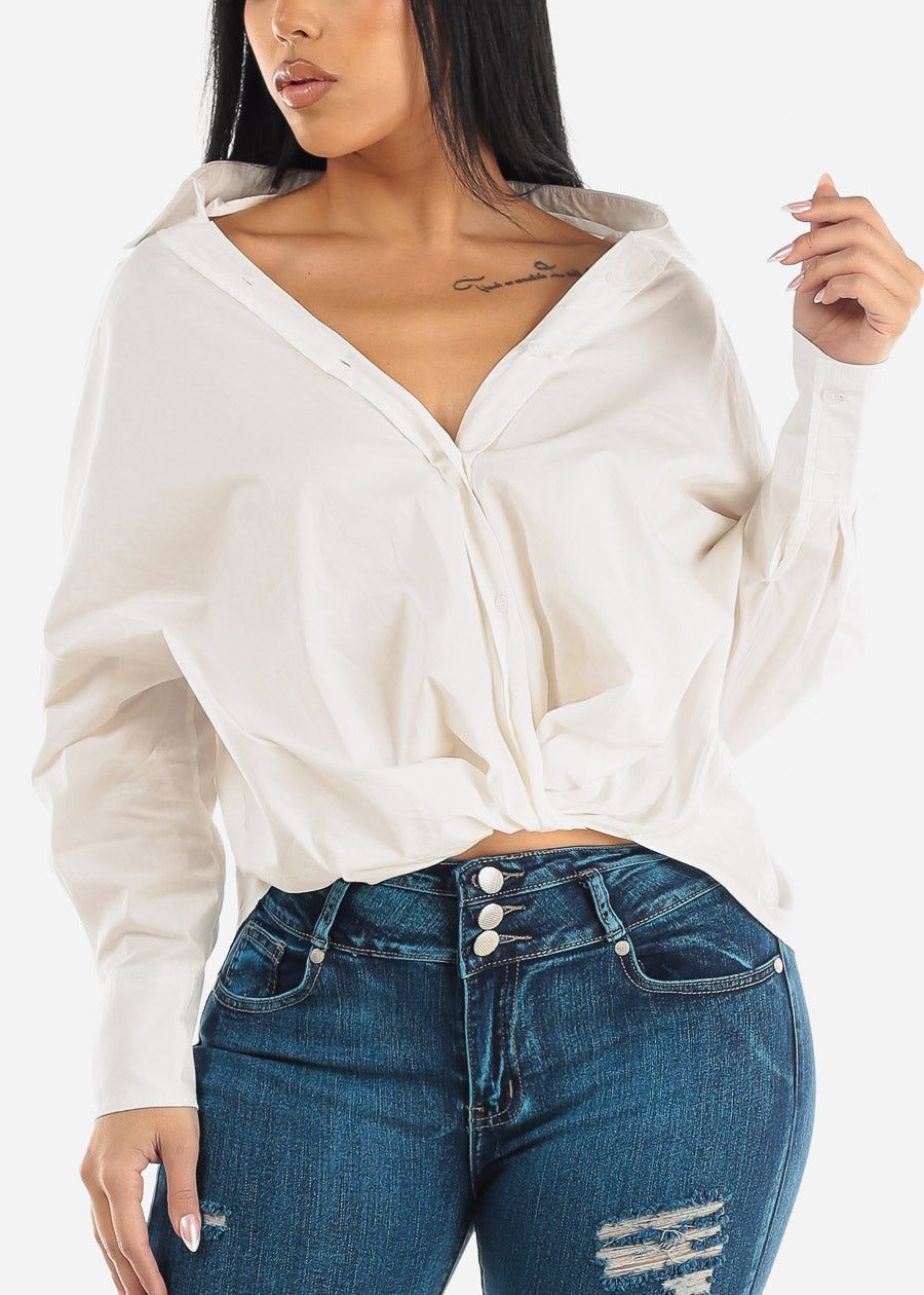 White Oversized Twist Front Button Up Shirt sold by Moda product image thumbnail 3