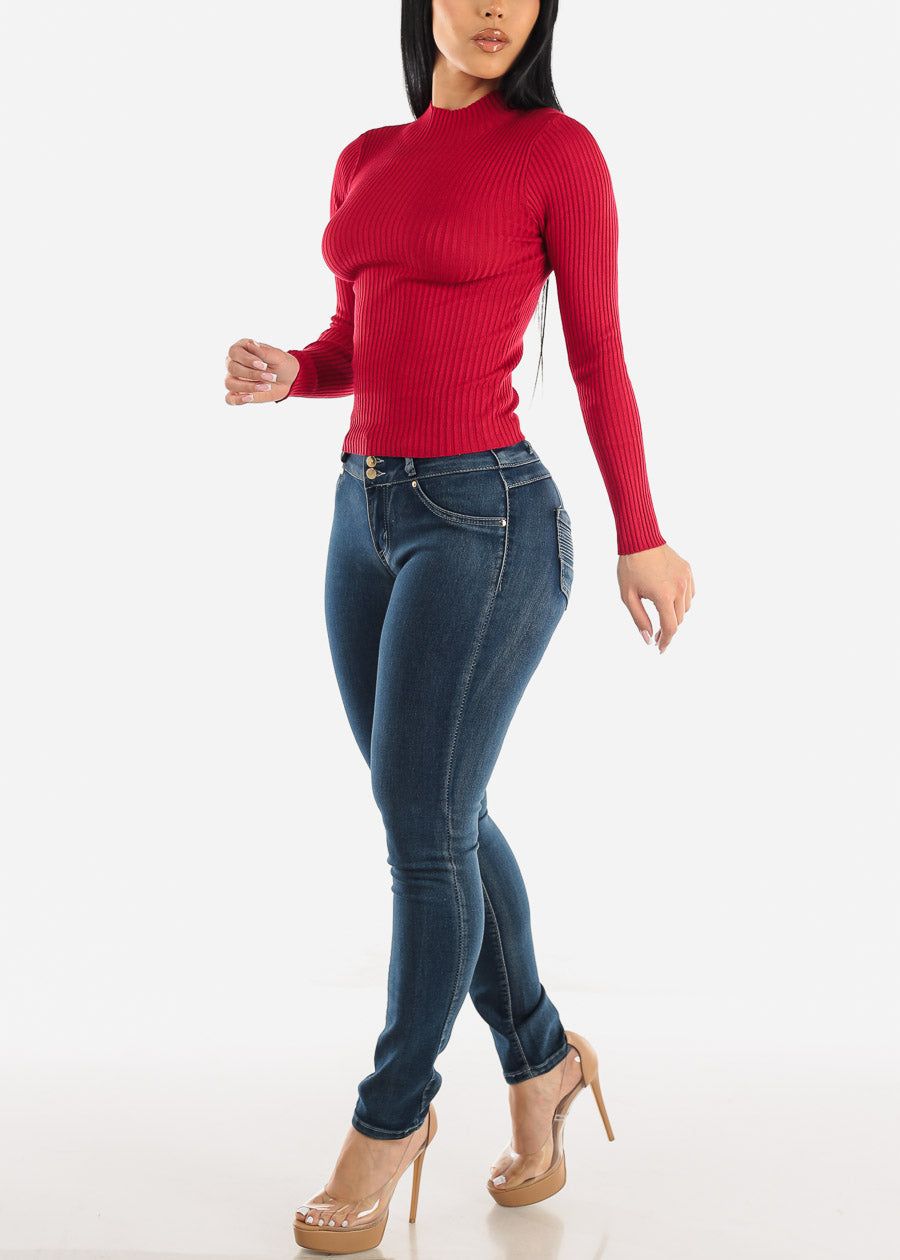 Long Sleeve Mock Neck Ribbed Sweater Red sold by Moda product image thumbnail 3