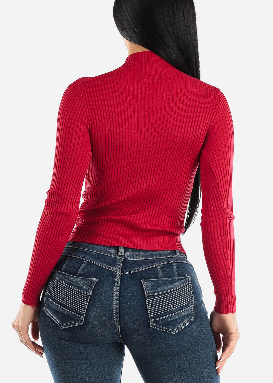 Long Sleeve Mock Neck Ribbed Sweater Red sold by Moda product image thumbnail 5