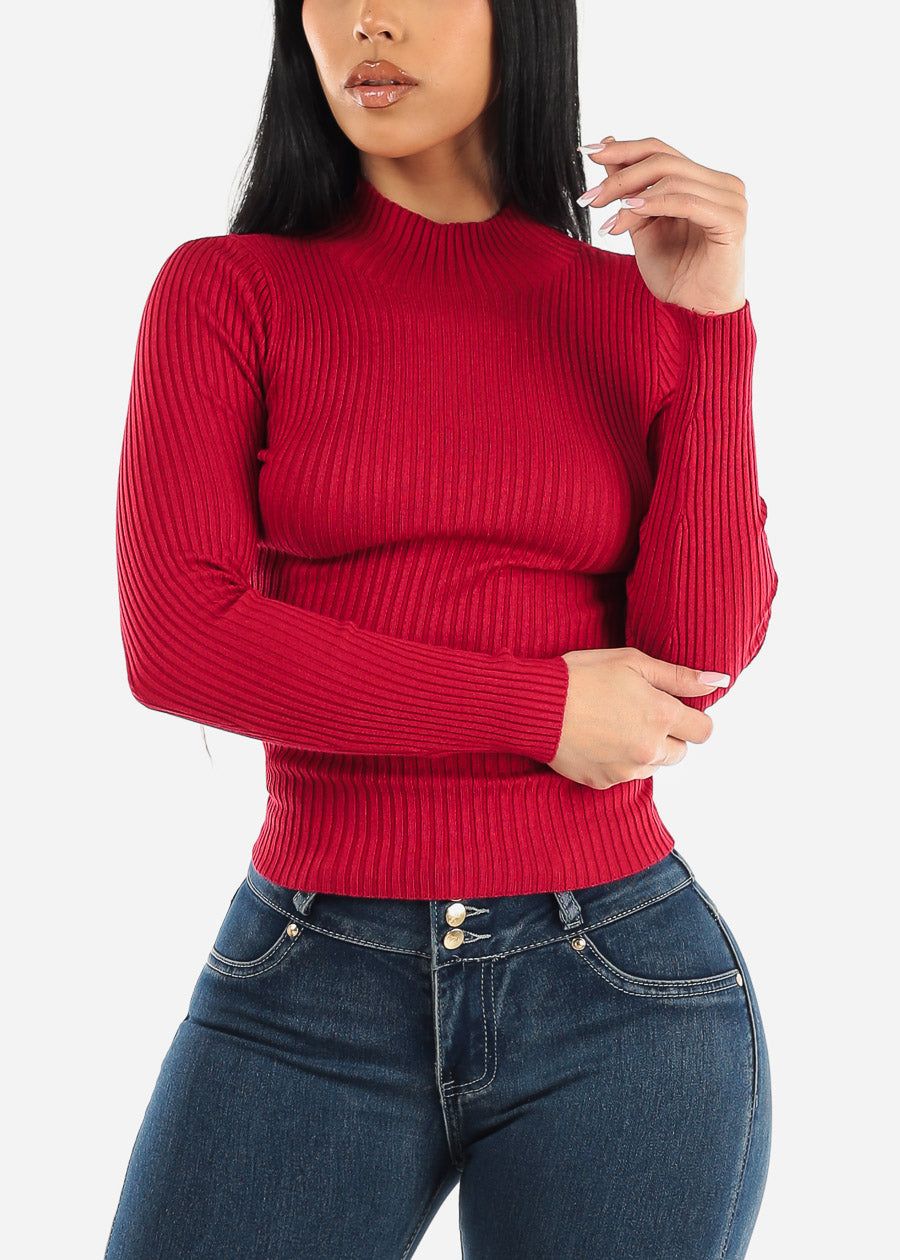 Long Sleeve Mock Neck Ribbed Sweater Red sold by Moda