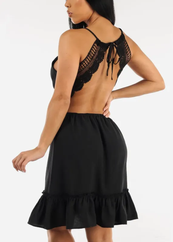 Black Sleeveless Open Back Lace Ruffled Dress sold by Moda