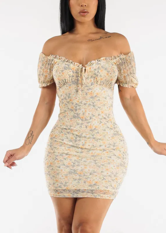 Off Shoulder Floral Bodycon Mini Dress Yellow sold by Moda